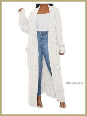 Women's Cable Knit Maxi Cardigan Long Sleeve Open Front with Pockets
